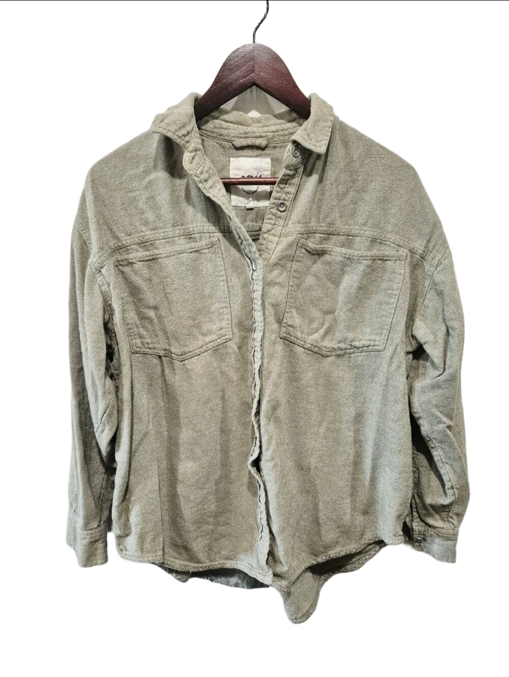 Aerie Anytine Fave Twill Sage Green Button Up Long Sleeve